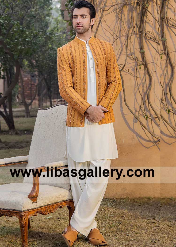 Timeless bold orange Prince Coat Raw silk for Occasions intricate kora dabka work perfect for special events Phoenix Vancouver Glasgow Abu Dhabi